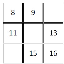 Fill in the spaces on each grid with a number that could be there and still keep all nine numbers in order.  There are some questions that have more than one correct answer.
